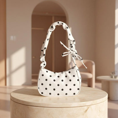 White Polka Dot Shoulder Bag, Bow Strap Purse, Black White Baguette Handbag, Coquette Y2K Bag