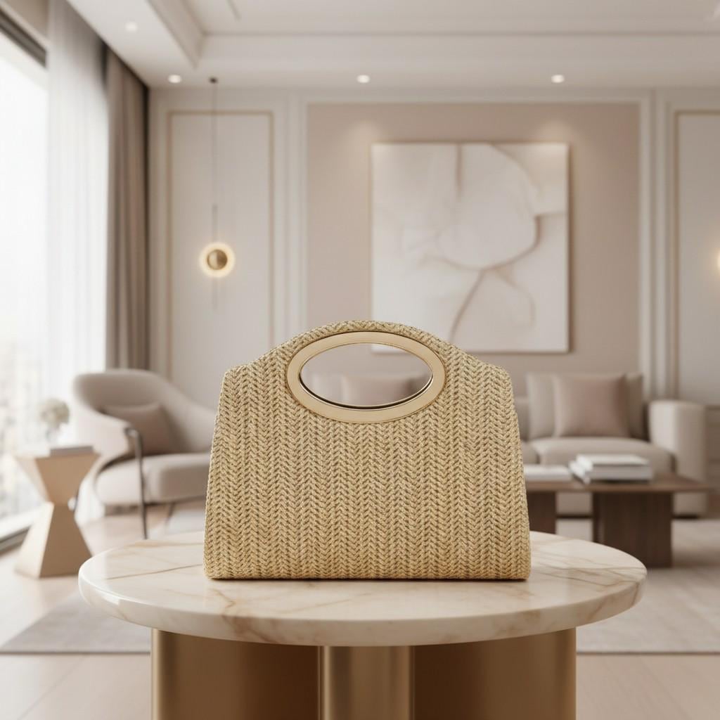 Woven Top Handle Bag, Beige Handbag, Natural Textured Purse, Gold Ring Handle