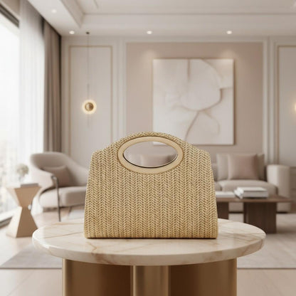 Woven Top Handle Bag, Beige Handbag, Natural Textured Purse, Gold Ring Handle
