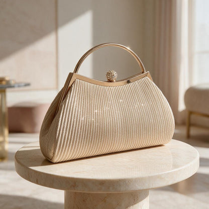 Champagne Gold Pleated Clutch, Top Handle Evening Bag, Wedding Guest Purse