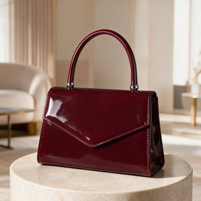Burgundy Patent Handbag, Top Handle Purse, Wine Red Flap Bag, Elegant Womens Bag