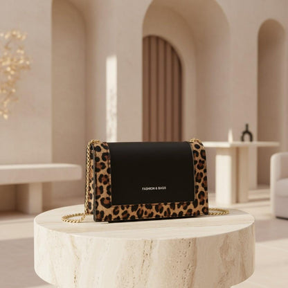 Black Leopard Shoulder Bag, Gold Chain Crossbody Purse, Leopard Print Handbag, Structured Flap Bag, Chic Everyday Purse