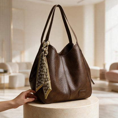 Brown Hobo Bag, Chocolate Shoulder Purse, Slouchy Handbag with Scarf, Casual Womens Bag, Boho Inspired Shoulder Bag