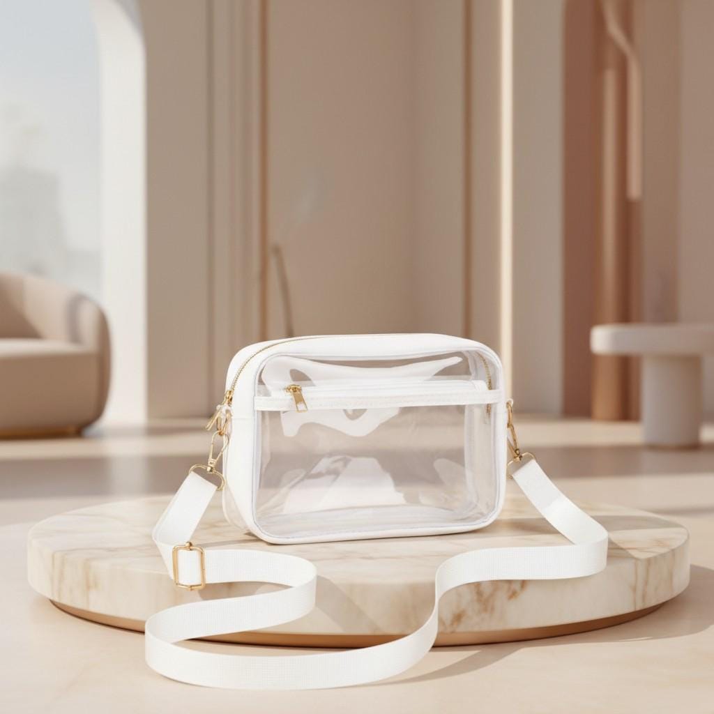 Clear Crossbody Bag for Women, Transparent Shoulder Purse, White Trim Travel Bag, Minimalist Everyday Handbag