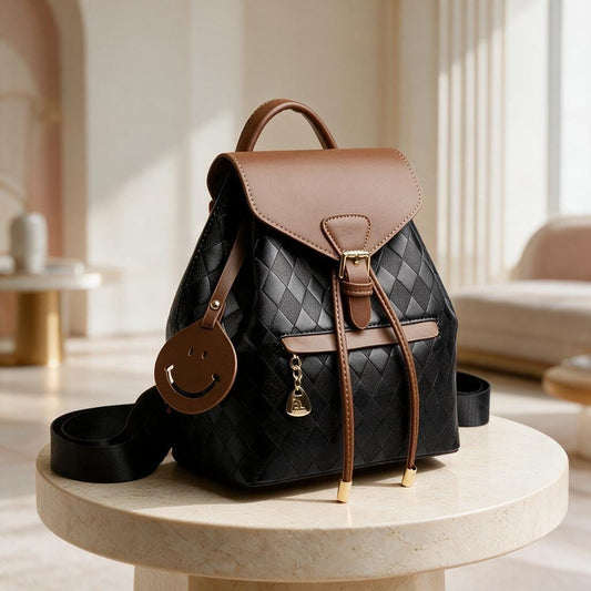 Black Quilted Backpack Purse, Mini Women's Backpack, Brown Flap Shoulder Bag, Cute Everyday Bag