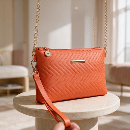 Orange Quilted Crossbody Bag, Chain Strap Purse, Small Orange Clutch, Wristlet Bag, Chevron Shoulder Bag, Evening Handbag