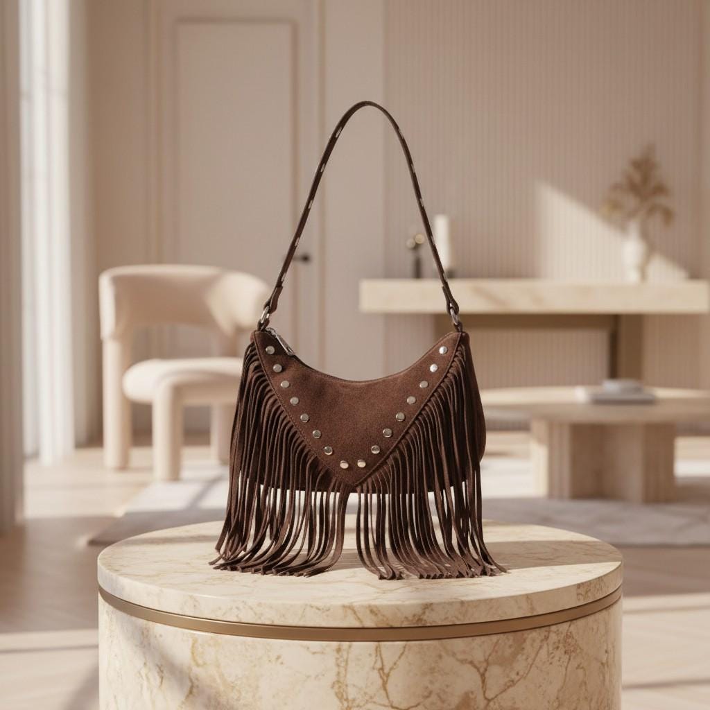 Brown Fringe Shoulder Bag, Boho Purse, Western Fringe Bag, Studded Hobo Bag, Festival Handbag