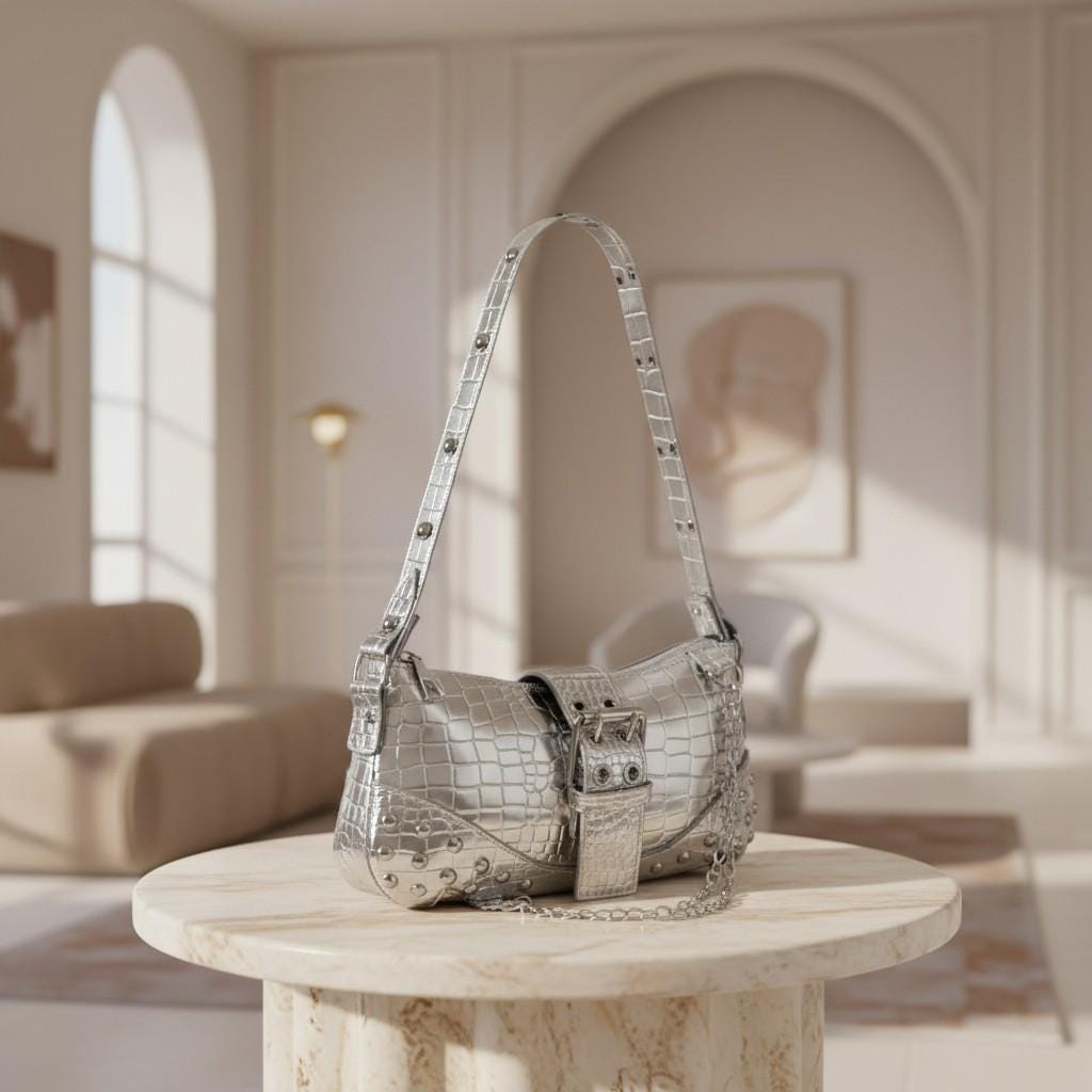 Silver Croc Baguette Bag, Y2K Shoulder Purse, Studded Metallic Handbag, Crocodile Embossed Bag, Buckle Chain Purse