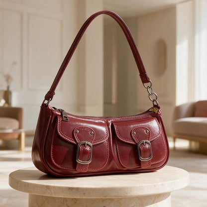 Burgundy Buckle Shoulder Bag, Y2K Mini Purse, Double Pocket Handbag, Retro 90s Bag