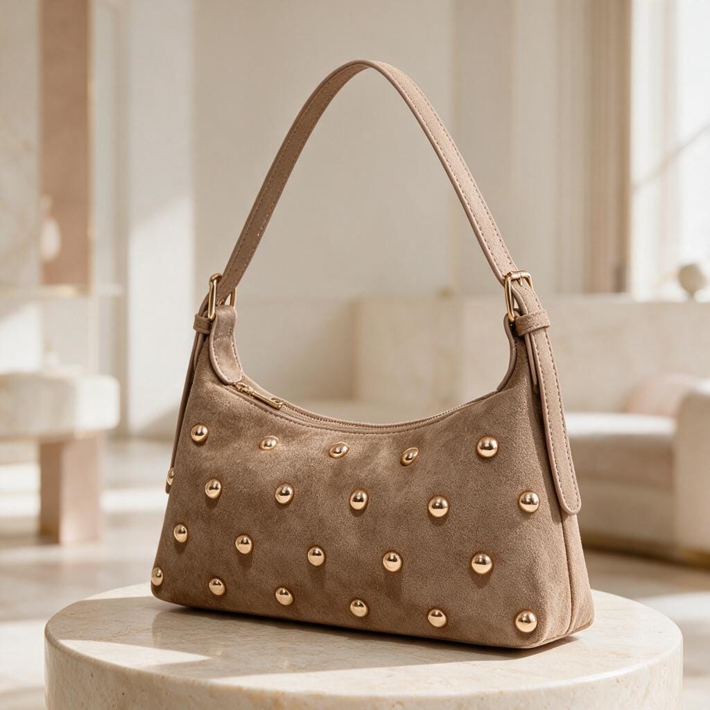 Taupe Studded Shoulder Bag, Suede Look Baguette Purse, Gold Stud Handbag, Y2K Underarm Bag, Minimalist Women’s Purse