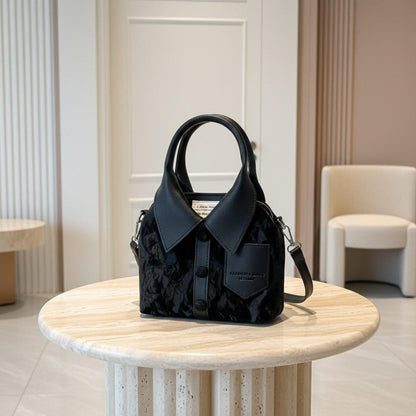Black Top Handle Bag, Women's Shoulder Crossbody Purse, Collared Satchel Handbag, Casual Structured Bag, Everyday Purse