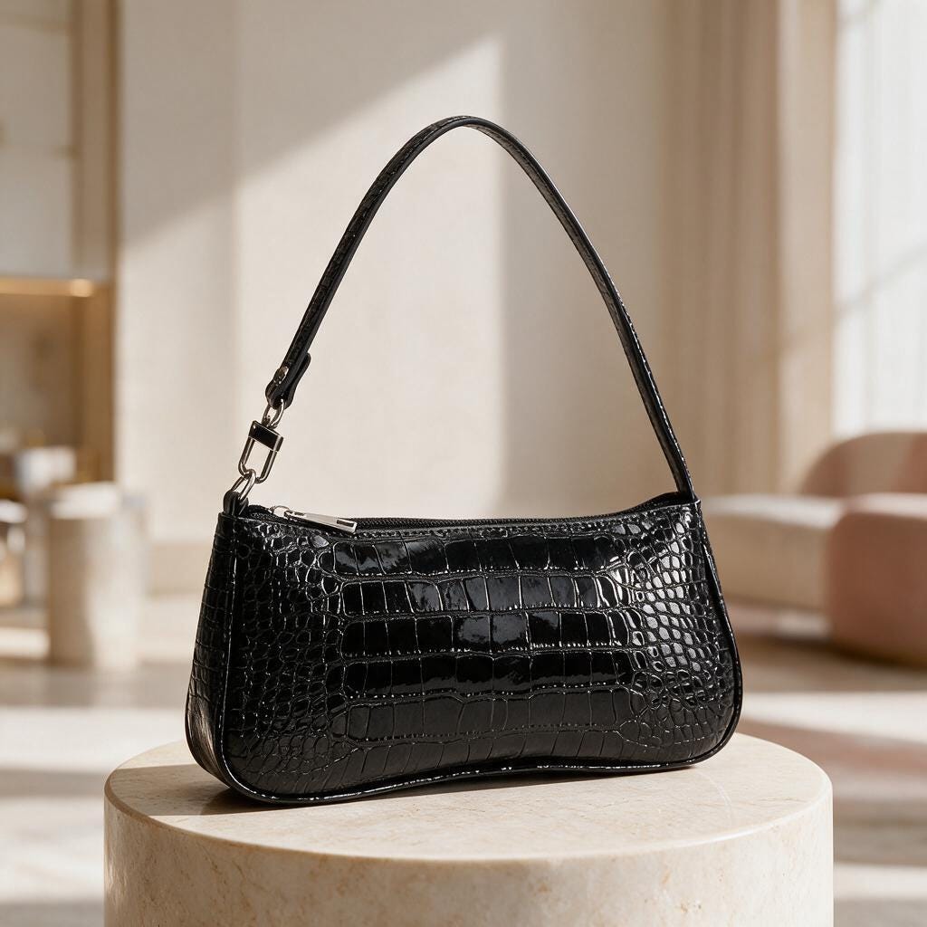 Black Croc Embossed Shoulder Bag, Y2K Baguette Purse, Glossy Mock Croc Handbag, Mini Underarm Bag, Patent Look Purse
