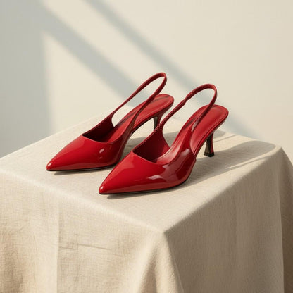 Red Slingback Heels for Women, Pointed Toe Stiletto Pumps, Glossy High Heel Dress Shoes