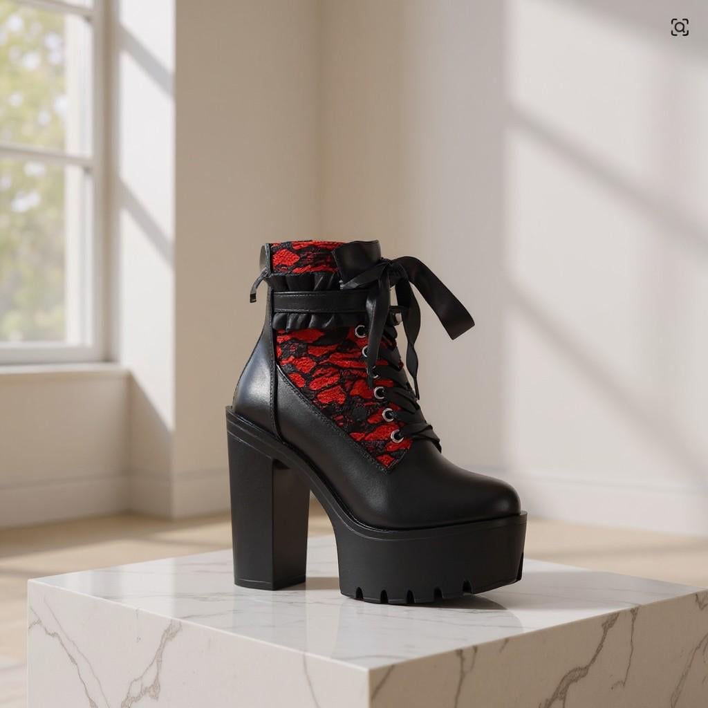 Black Red Platform Ankle Boots, Lace Up Chunky Heel Boots, Gothic Punk Shoes, Y2K Statement Footwear