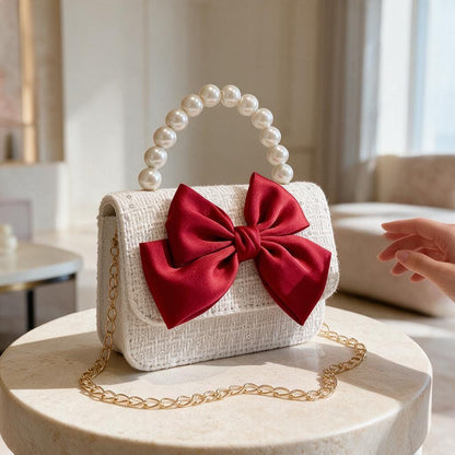 Pearl Handle Clutch, Red Bow Handbag, Ivory Evening Bag, Bridal Purse, Wedding Clutch, Chain Strap Party Bag
