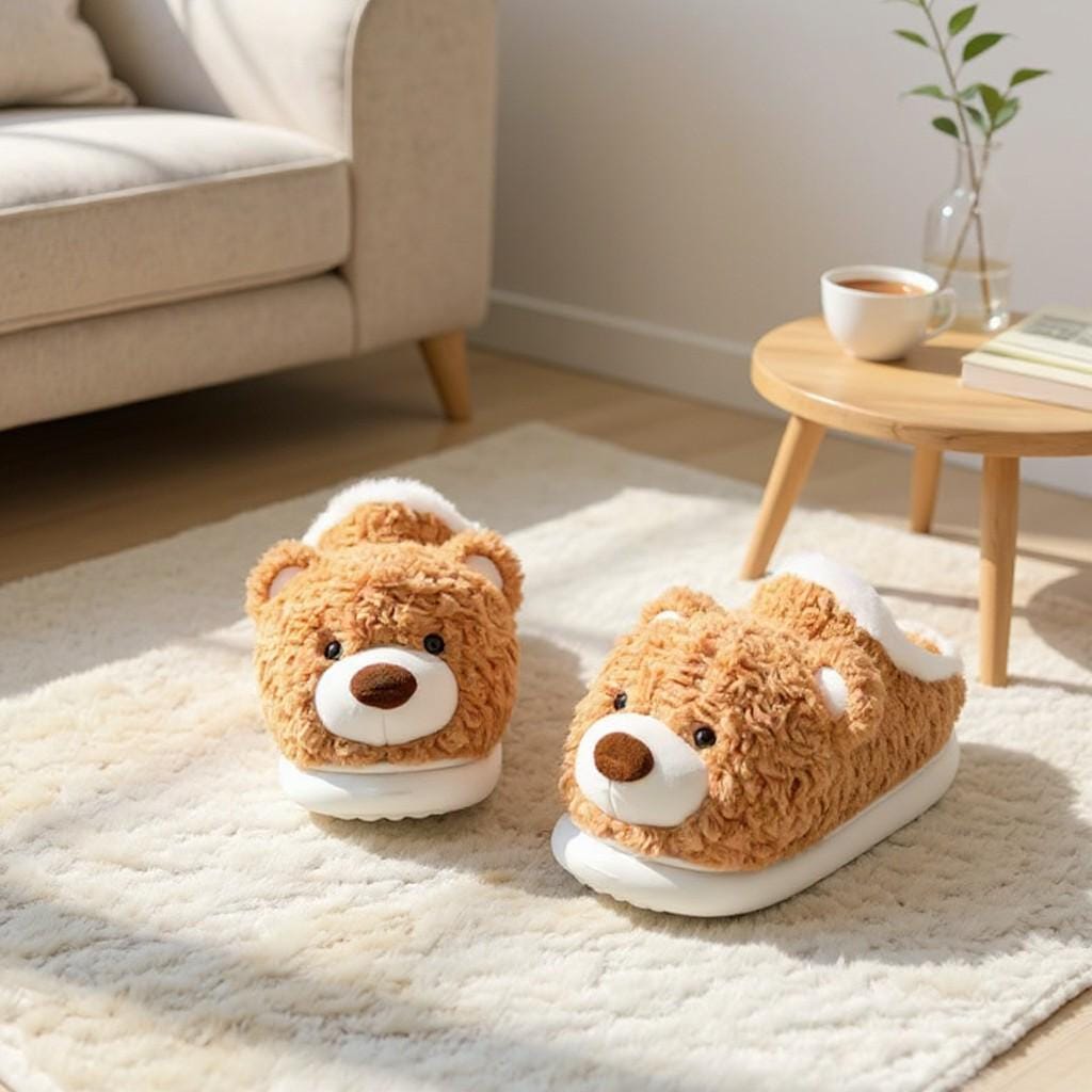 Teddy Bear Slippers, Plush Brown Bear House Shoes, Fuzzy Cozy Slippers