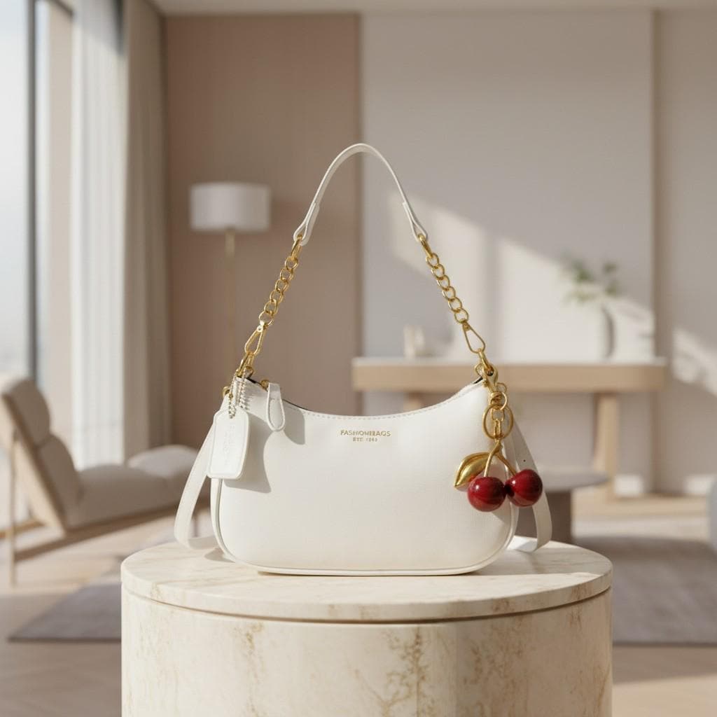 White Baguette Shoulder Bag, Cherry Charm Purse, Small Y2K Handbag, Gold Chain Crossbody