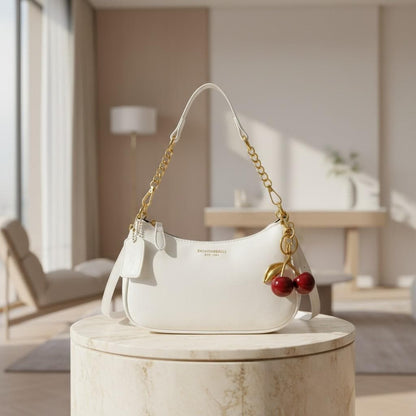 White Baguette Shoulder Bag, Cherry Charm Purse, Small Y2K Handbag, Gold Chain Crossbody