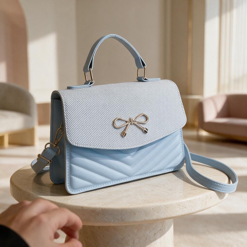 Light Blue Bow Handbag, Quilted Crossbody Purse, Powder Blue Shoulder Bag, Structured Flap Bag, Top Handle Purse