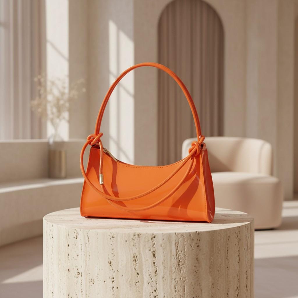Orange Baguette Shoulder Bag, Glossy Orange Purse, Y2K Handbag, Bright Orange Underarm Bag, Trendy Women's Shoulder Bag