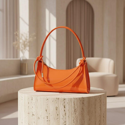 Orange Baguette Shoulder Bag, Glossy Orange Purse, Y2K Handbag, Bright Orange Underarm Bag, Trendy Women's Shoulder Bag