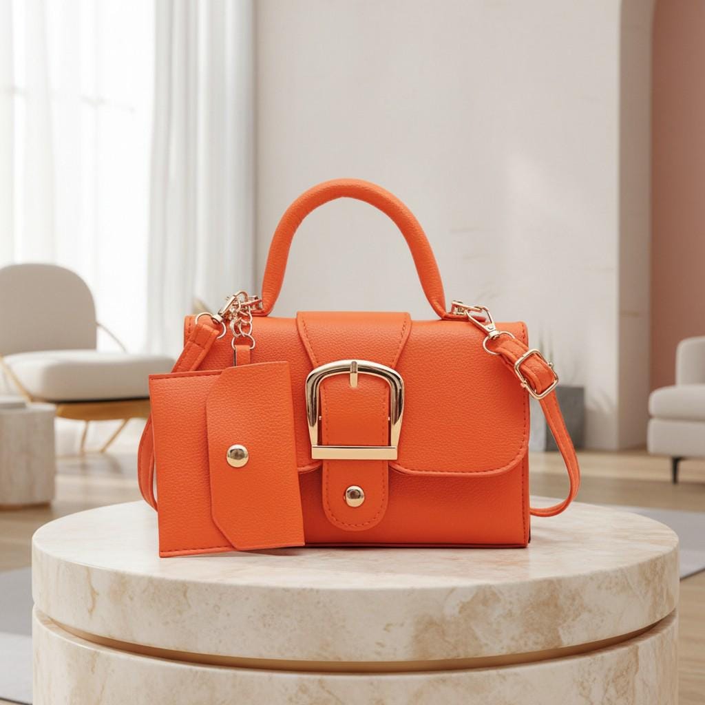 Orange Handbag for Women, Structured Shoulder Bag, Top Handle Crossbody Purse, Buckle Detail Everyday Bag