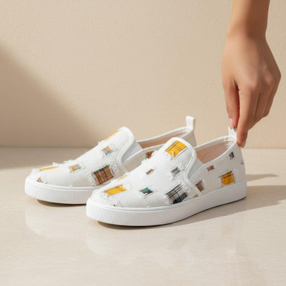Women's Geometric Slip On Sneakers, White Patterned Casual Shoes, Colorful Low Top Everyday Footwear