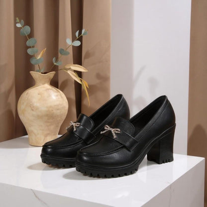 Black Heeled Loafers, Rhinestone Bow Shoes, Chunky Block Heel Loafers, Lug Sole Dress Shoes