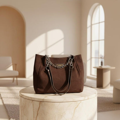 Brown Tote Bag, Large Shoulder Purse for Women, Chain Handle Handbag, Soft Textured Everyday Bag