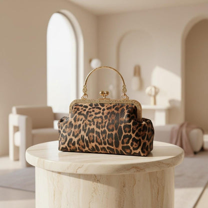 Leopard Print Frame Bag, Vintage Kiss Lock Handbag for Women, Animal Print Purse, Small Top Handle Bag