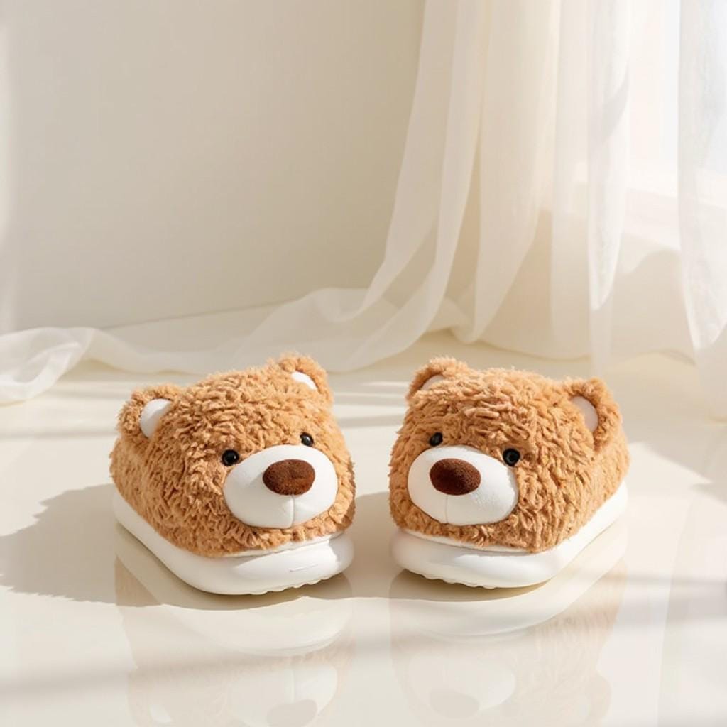 Teddy Bear Slippers, Plush Brown Bear House Shoes, Fuzzy Cozy Slippers