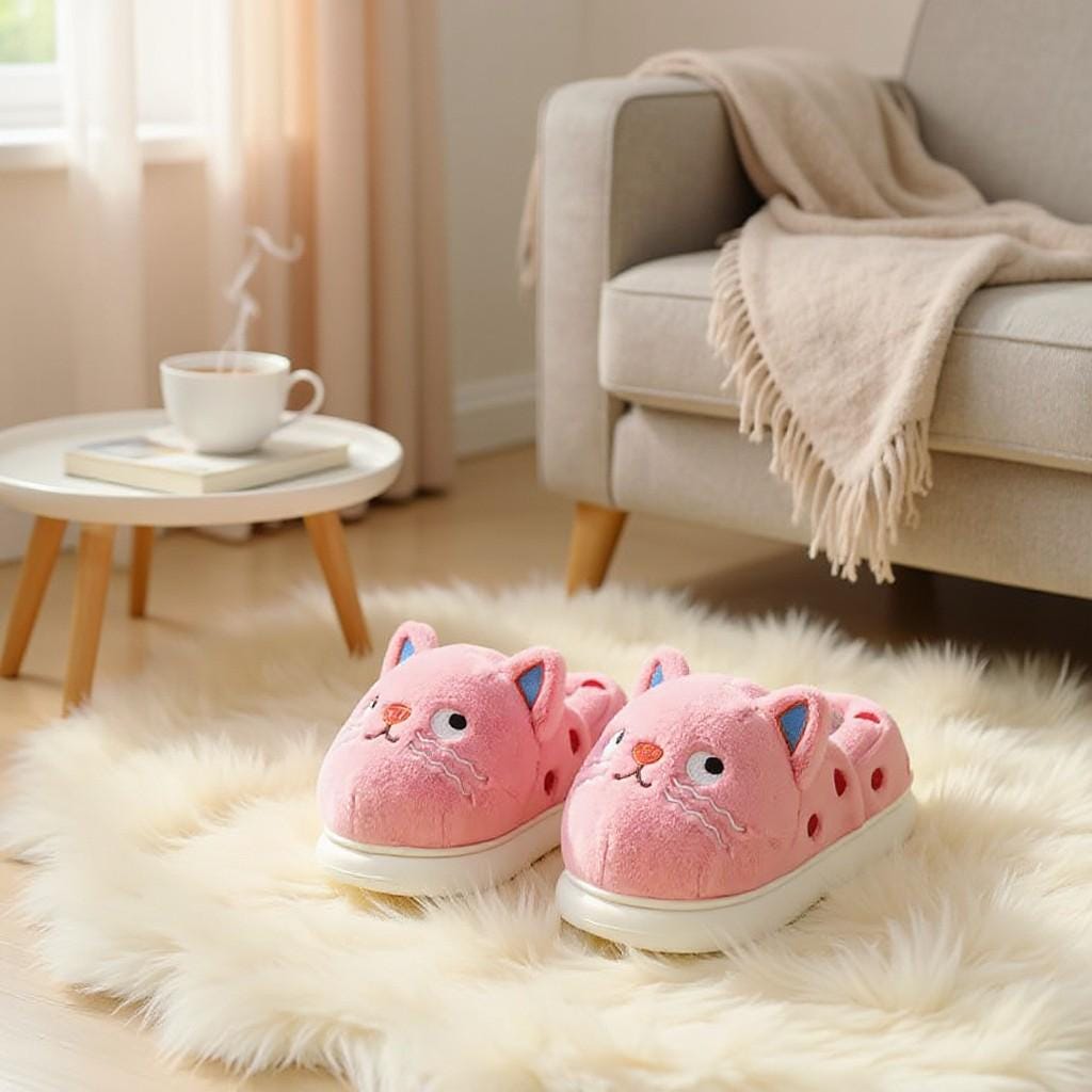 Cat Slippers, Pink Plush House Shoes, Kawaii Fuzzy Cat Slippers
