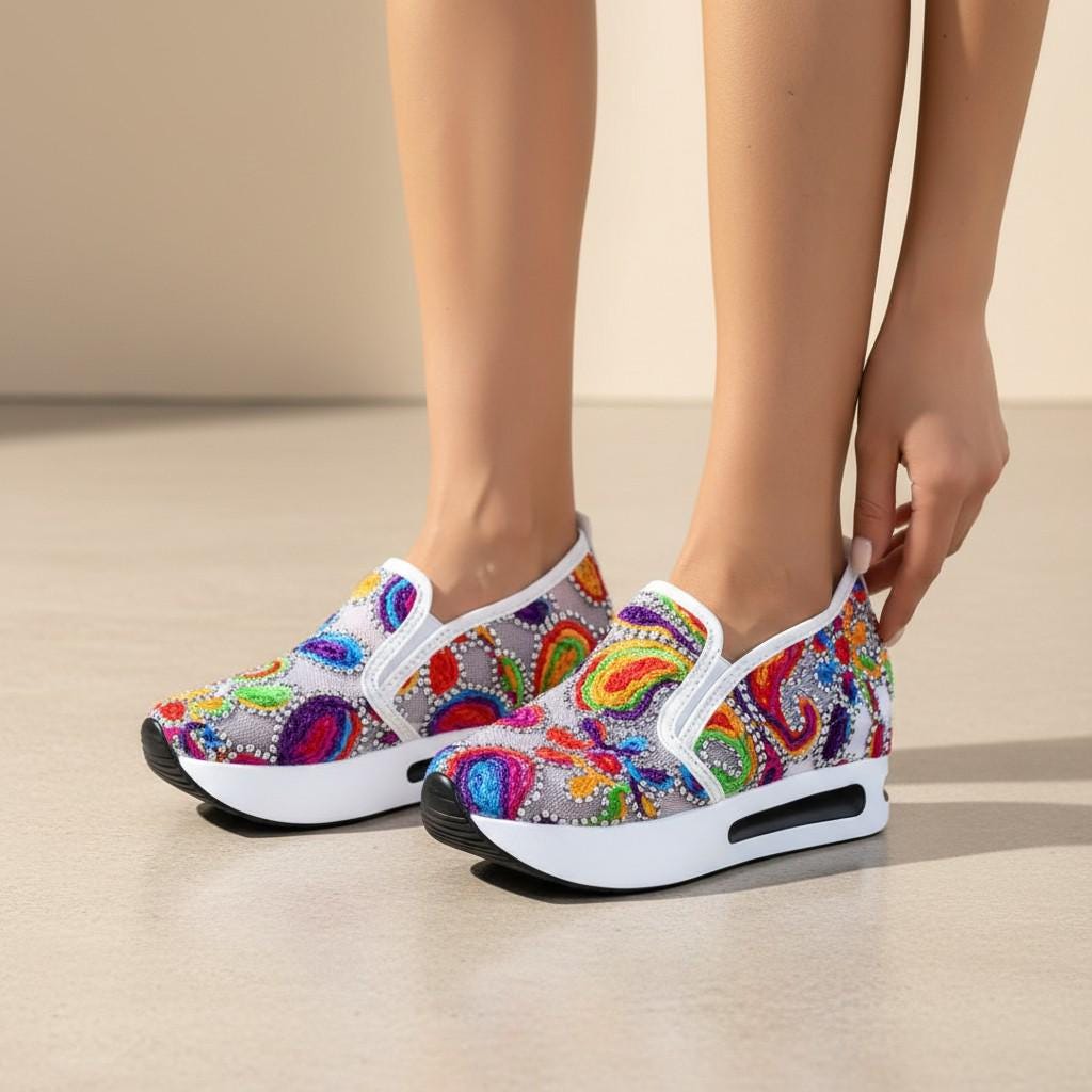 Colorful Paisley Sneakers, Women's Platform Slip On Shoes, Boho Wedge Sneakers