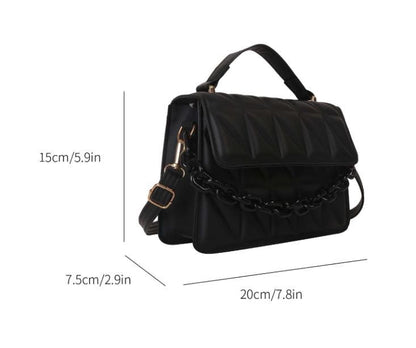 Black Quilted Handbag, Padded Flap Shoulder Bag, Chain Detail Purse, Top Handle Crossbody Bag, Elegant Womens Handbag