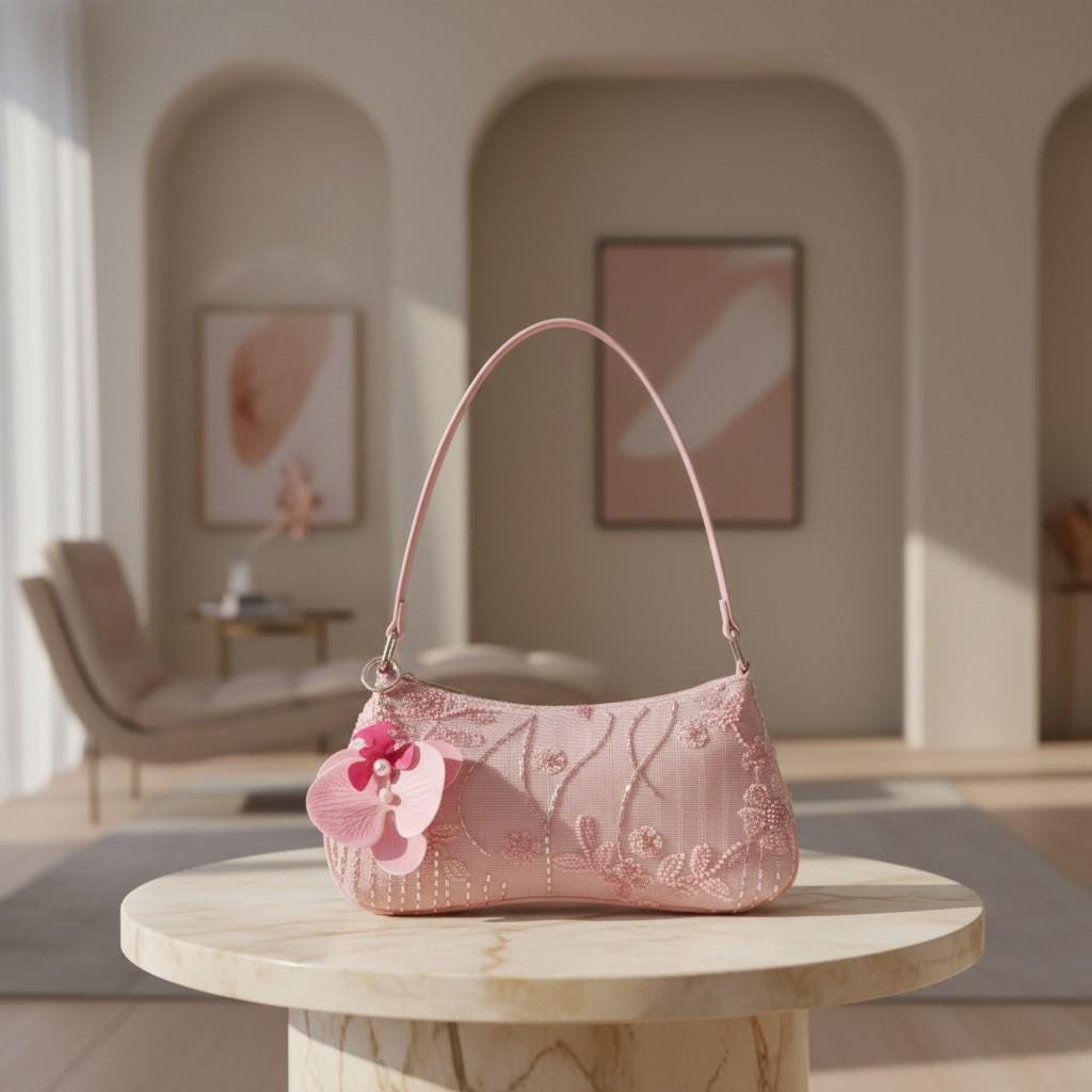 Pink Floral Beaded Shoulder Bag, Sequin Embroidered Purse, Romantic Flower Handbag, Cute Evening Bag for Women