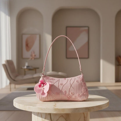 Pink Floral Beaded Shoulder Bag, Sequin Embroidered Purse, Romantic Flower Handbag, Cute Evening Bag for Women