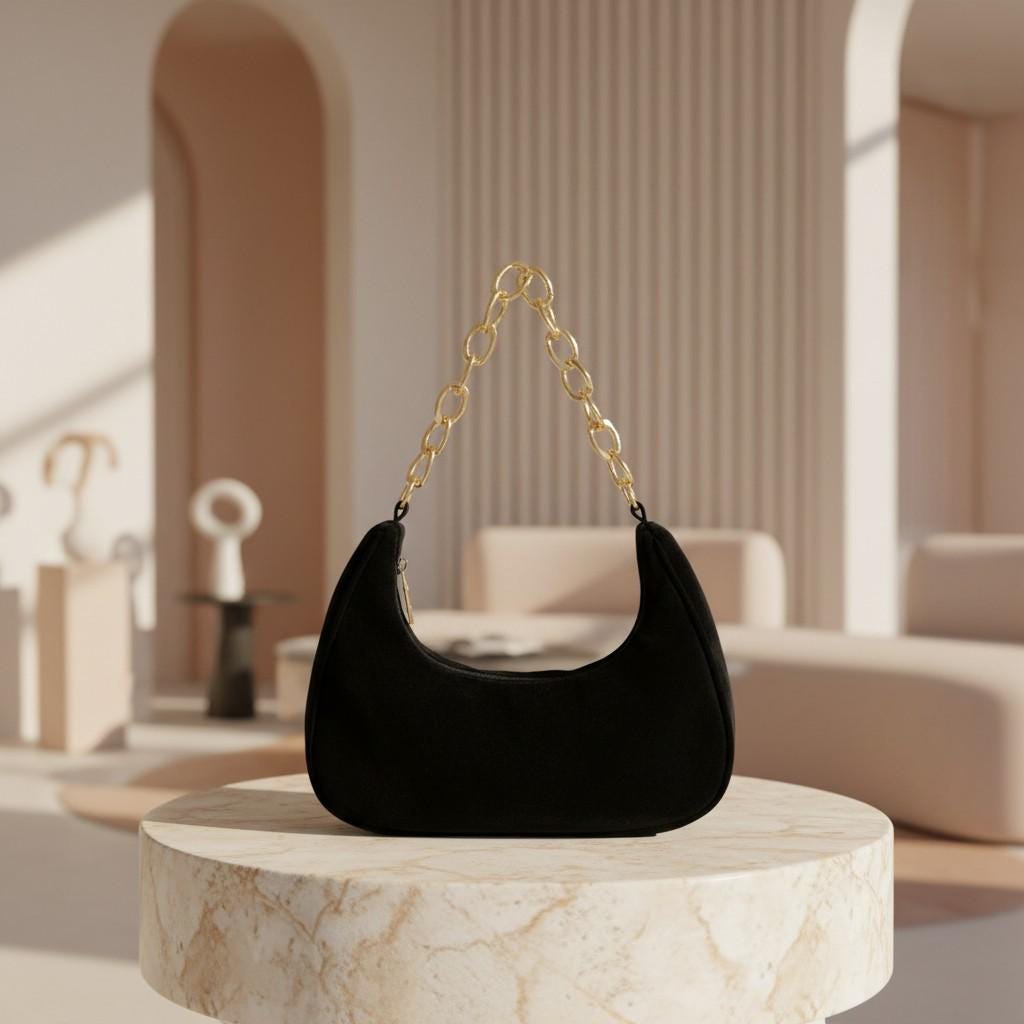 Black Crescent Shoulder Bag for Women, Small Hobo Purse, Gold Chain Strap Handbag, Minimalist Everyday Bag