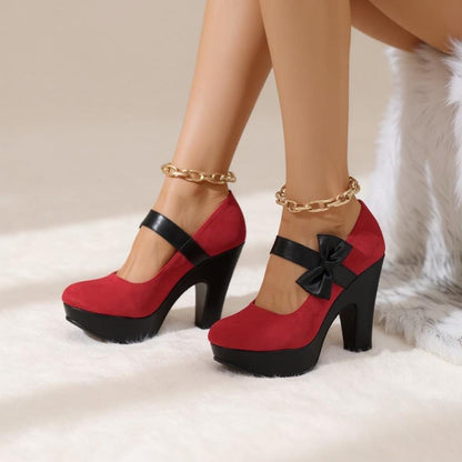 Red Mary Jane Heels, Platform Bow Pumps, Chunky High Heel Shoes