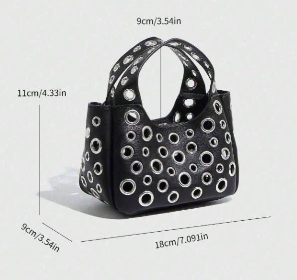 Black Grommet Handbag, Eyelet Shoulder Bag, Y2K Punk Purse, Studded Black Bag, Edgy Womens Shoulder Bag