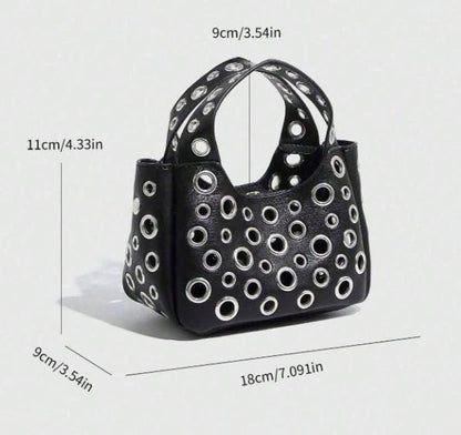 Black Grommet Handbag, Eyelet Shoulder Bag, Y2K Punk Purse, Studded Black Bag, Edgy Womens Shoulder Bag
