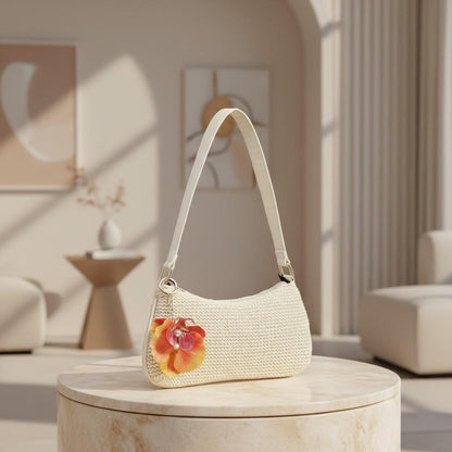 Cream Woven Shoulder Bag, Floral Crochet Purse, Flower Hobo Bag, Boho Summer Handbag, Cute Beach Bag, Vacation Purse