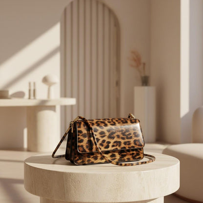 Leopard Print Flap Bag, Brown Animal Print Handbag, Structured Top Handle Purse, Y2K Shoulder Crossbody Bag, Women's Leopard Bag