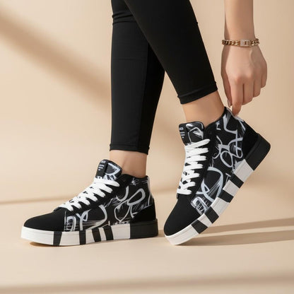 Black White High Top Sneakers, Women's Graphic Print Shoes, Streetwear