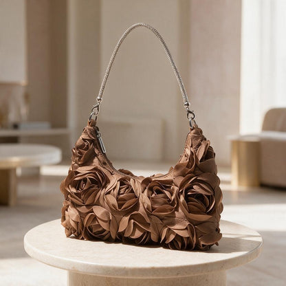 Floral Shoulder Bag, Rose Flower Purse, Brown Baguette Bag, Romantic Handbag, 3D Flower Statement Bag