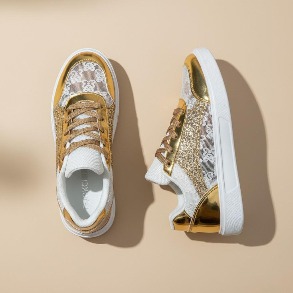 Gold Lace Platform Sneakers, Glitter Bridal Wedding Shoes