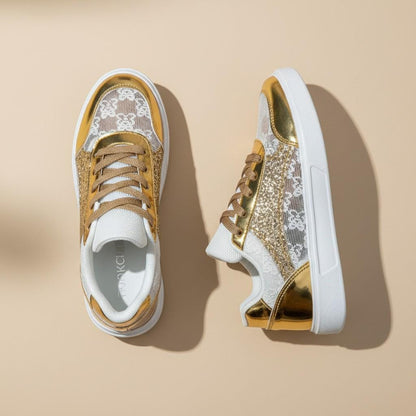 Gold Lace Platform Sneakers, Glitter Bridal Wedding Shoes