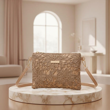 Beige Floral Embroidered Crossbody Bag, Boho Shoulder Purse, Women's Everyday Bag