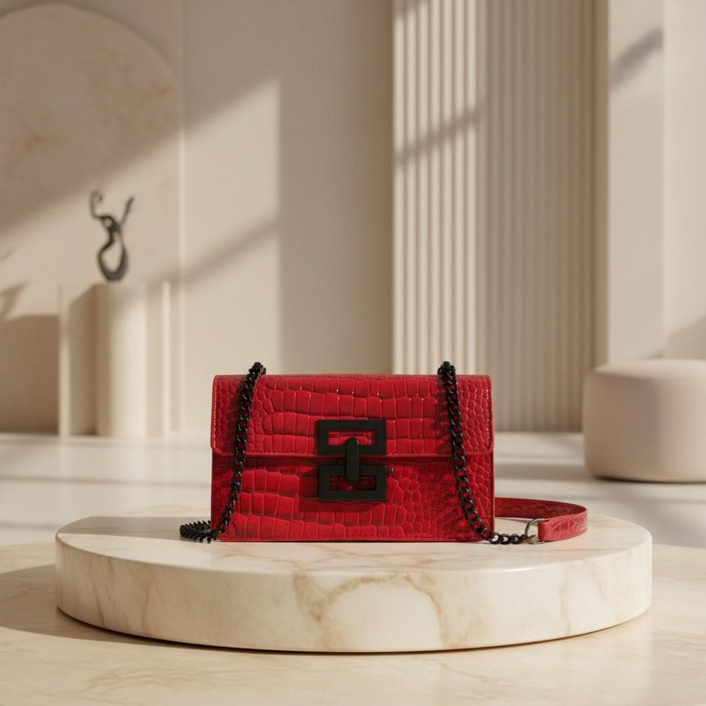 Red Croc Embossed Shoulder Bag, Women's Chain Strap Purse, Flap Crossbody Bag, Statement Evening Handbag