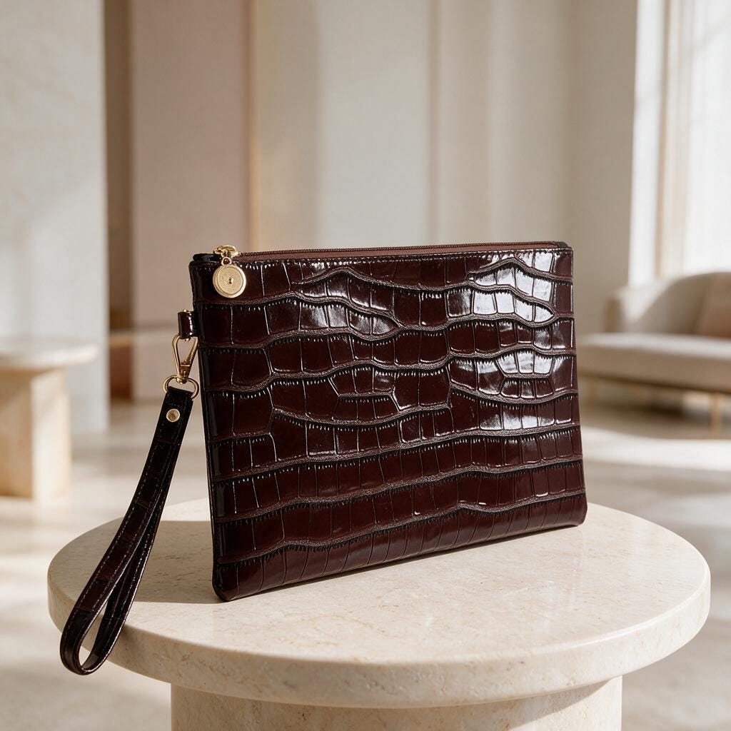 Brown Crocodile Clutch Bag, Glossy Wristlet Purse, Embossed Brown Evening Bag, Croc Print Pouch, Dark Brown Party Bag