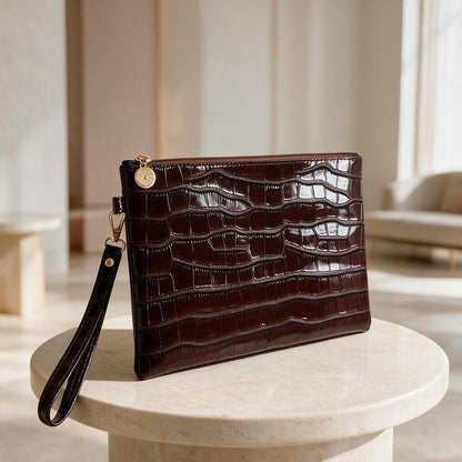 Brown Crocodile Clutch Bag, Glossy Wristlet Purse, Embossed Brown Evening Bag, Croc Print Pouch, Dark Brown Party Bag